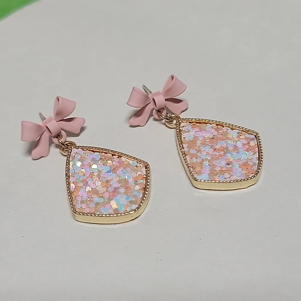 Confetti Shimmer Bow Drop Earrings, S925 - Picture 3 of 7